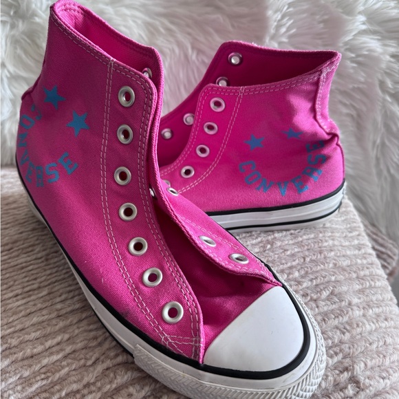 Converse Women’s Hot Pink High-Top Sneakers with Teal Stars and writing - Picture 3 of 9
